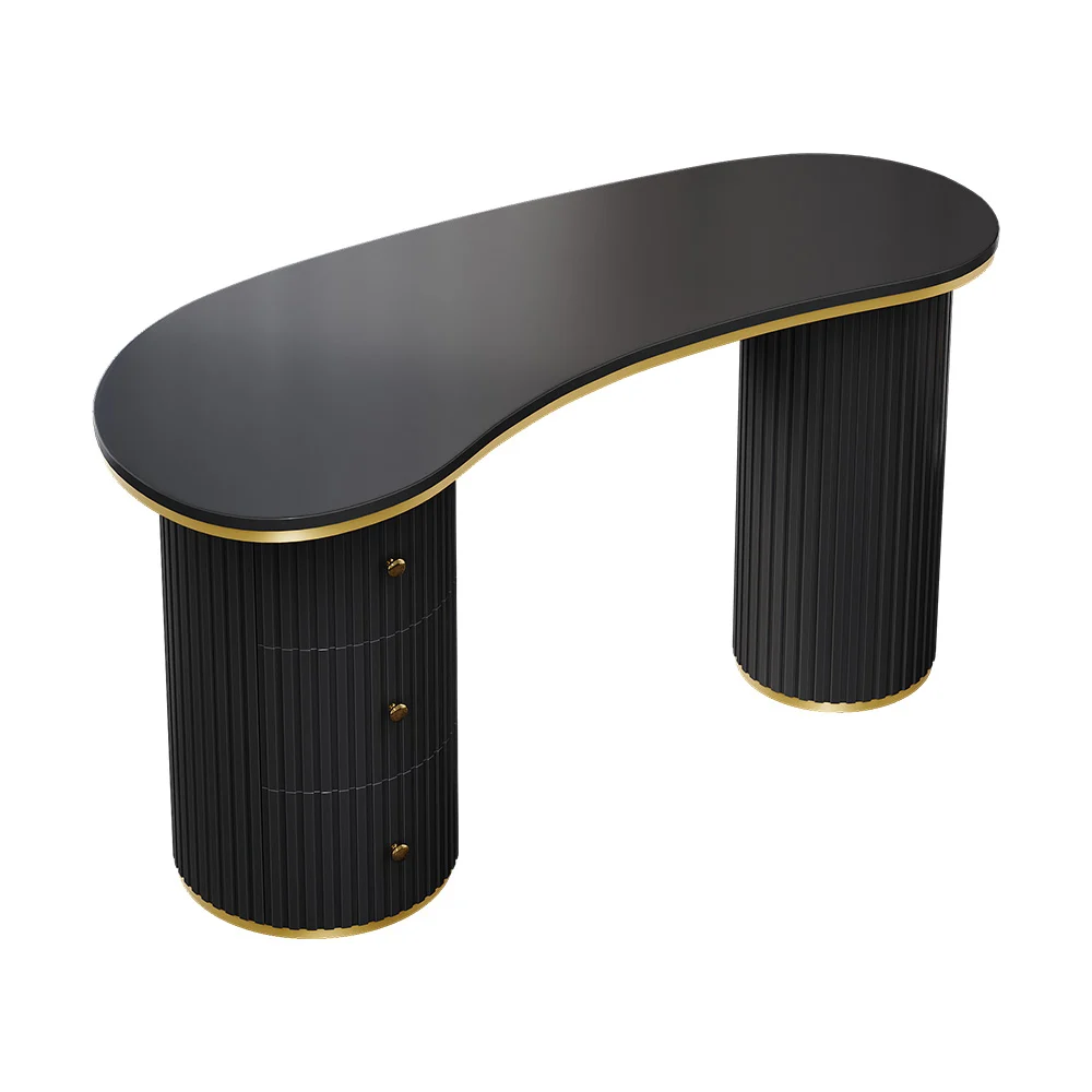 Noir Curva modern black curved desk with three drawers and double pedestal base, 140 cm wide, crafted from engineered wood for durability and sleek style