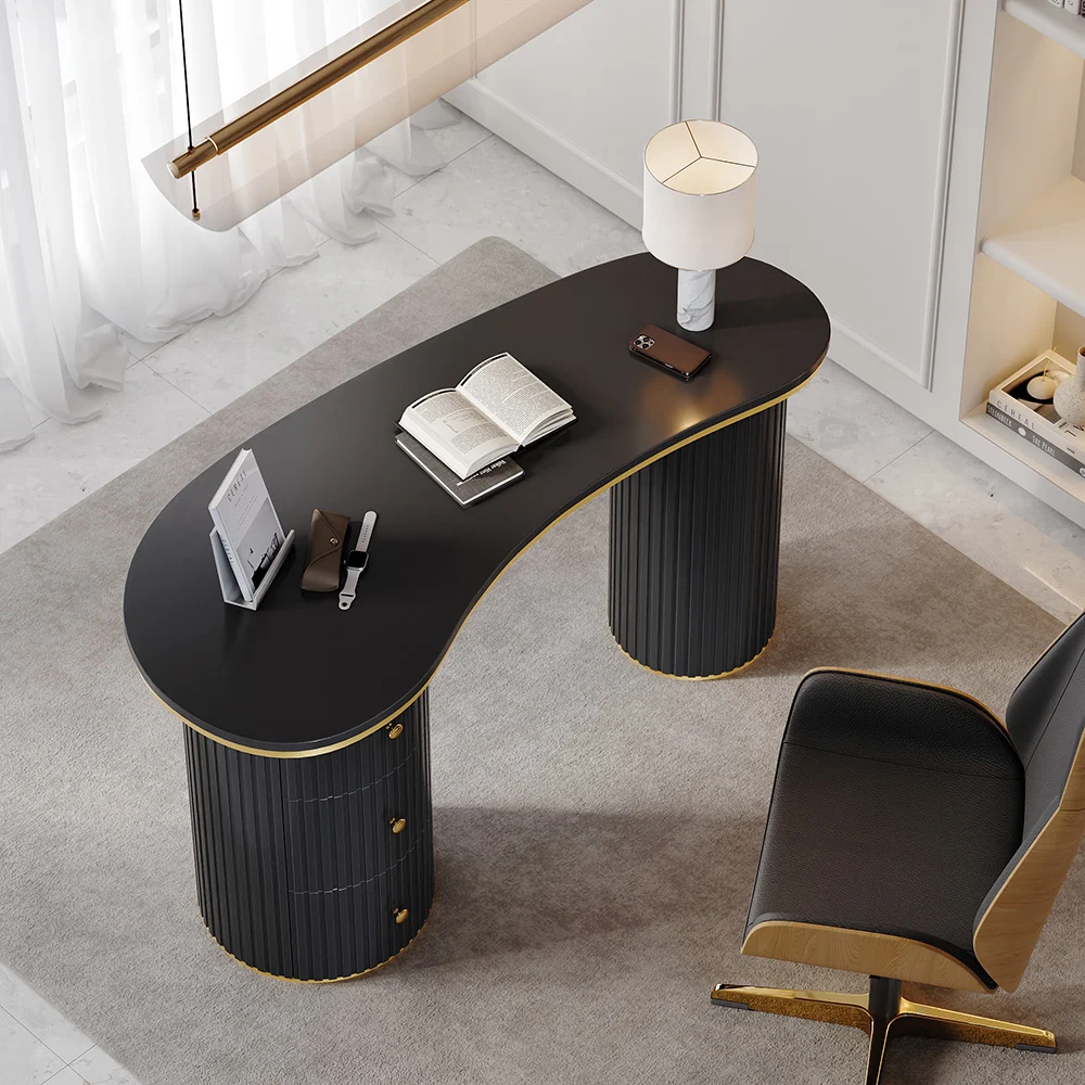 Noir Curva modern black curved desk with three drawers and double pedestal base, 140 cm wide, crafted from engineered wood for durability and sleek style