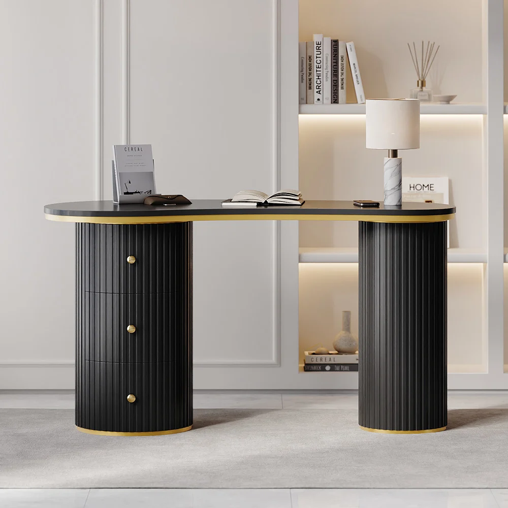 Noir Curva modern black curved desk with three drawers and double pedestal base, 140 cm wide, crafted from engineered wood for durability and sleek style