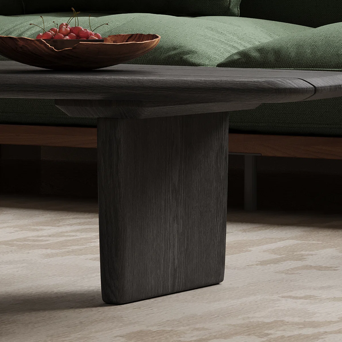 Noir Haven industrial coffee table with black ash wood finish, trestle base, and minimalist open design — modern farmhouse living room furniture