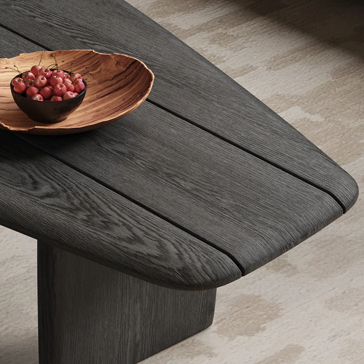 Noir Haven industrial coffee table with black ash wood finish, trestle base, and minimalist open design — modern farmhouse living room furniture