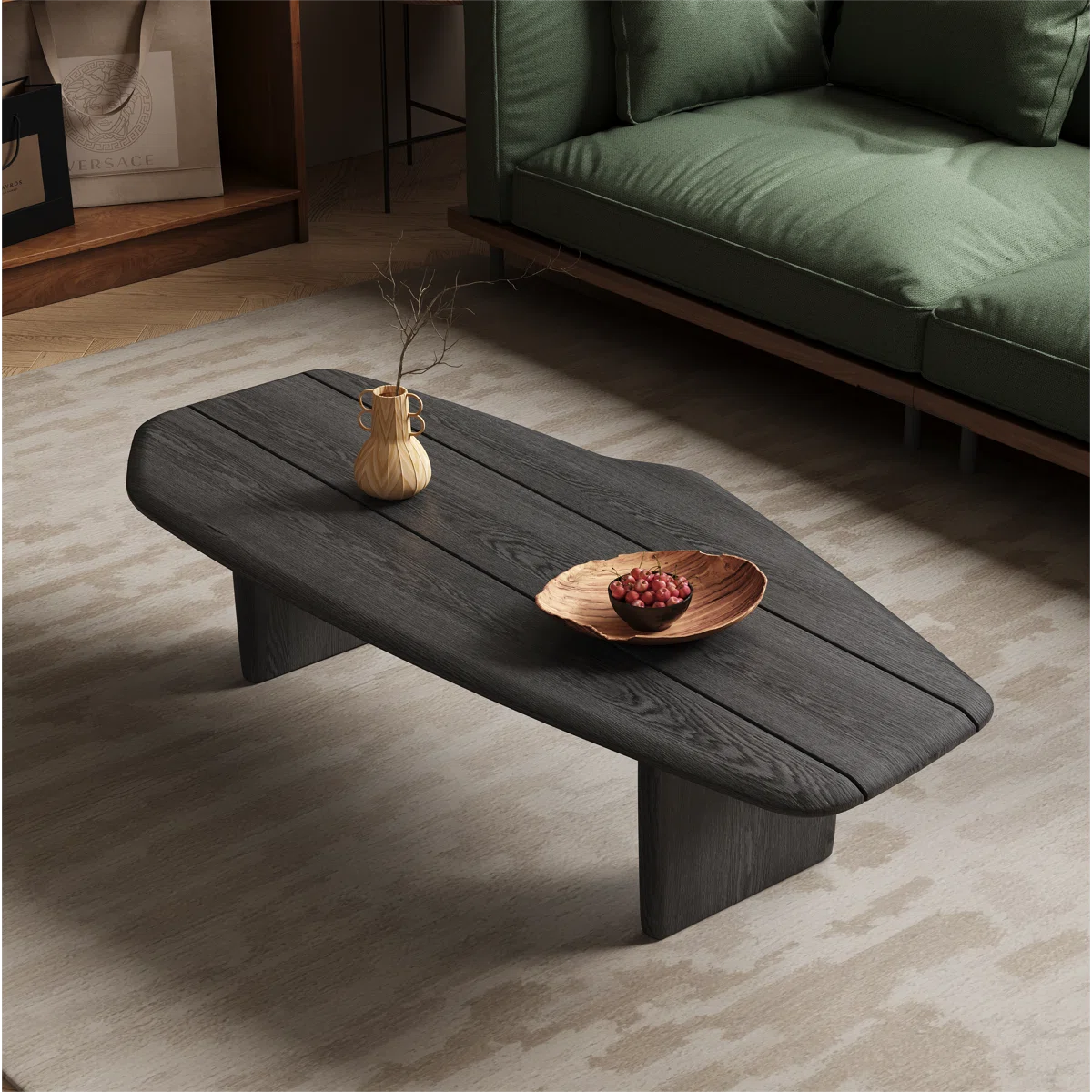 Noir Haven industrial coffee table with black ash wood finish, trestle base, and minimalist open design — modern farmhouse living room furniture