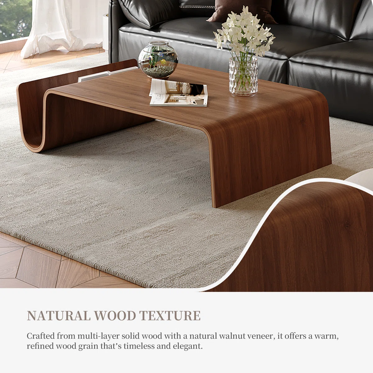 Nordic Curve solid wood coffee table with bentwood design, smooth curved edges, and minimalist brown finish — modern Scandinavian living room centerpiece