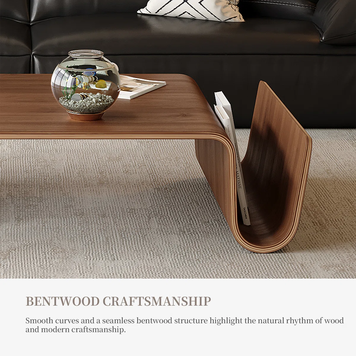 Nordic Curve solid wood coffee table with bentwood design, smooth curved edges, and minimalist brown finish — modern Scandinavian living room centerpiece