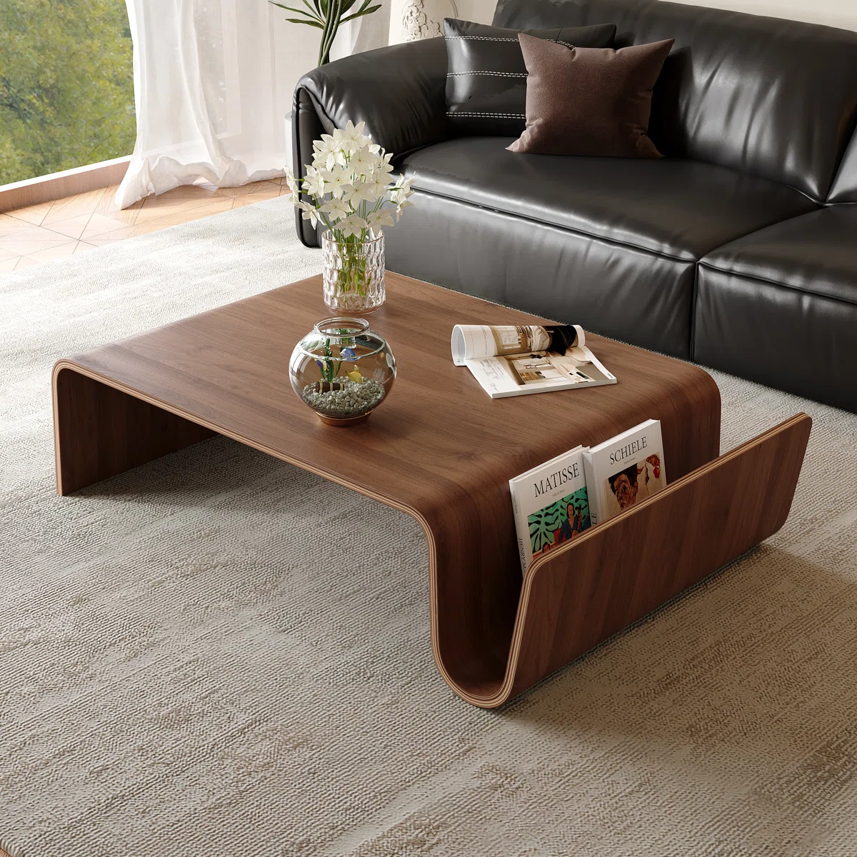 Nordic Curve solid wood coffee table with bentwood design, smooth curved edges, and minimalist brown finish — modern Scandinavian living room centerpiece