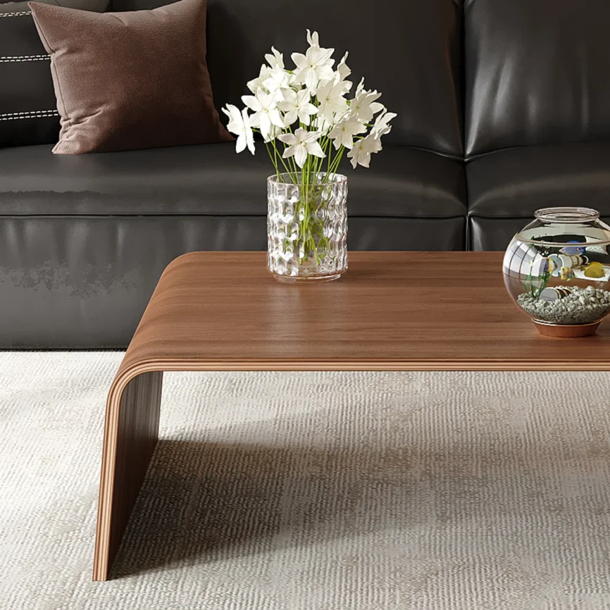 Nordic Curve solid wood coffee table with bentwood design, smooth curved edges, and minimalist brown finish — modern Scandinavian living room centerpiece