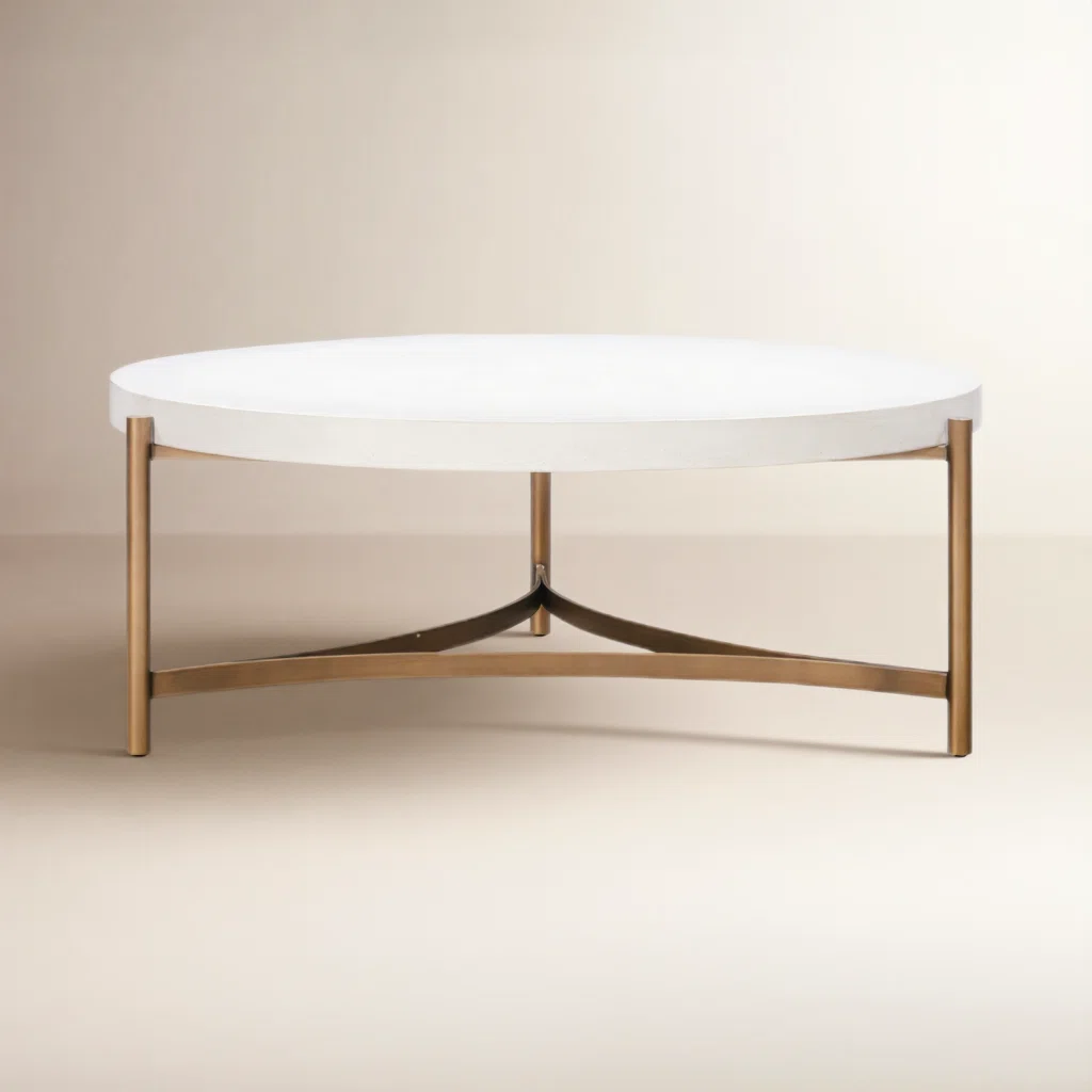 Round white concrete coffee table with brushed bronze stainless steel base, tubular legs, and curved stretchers.