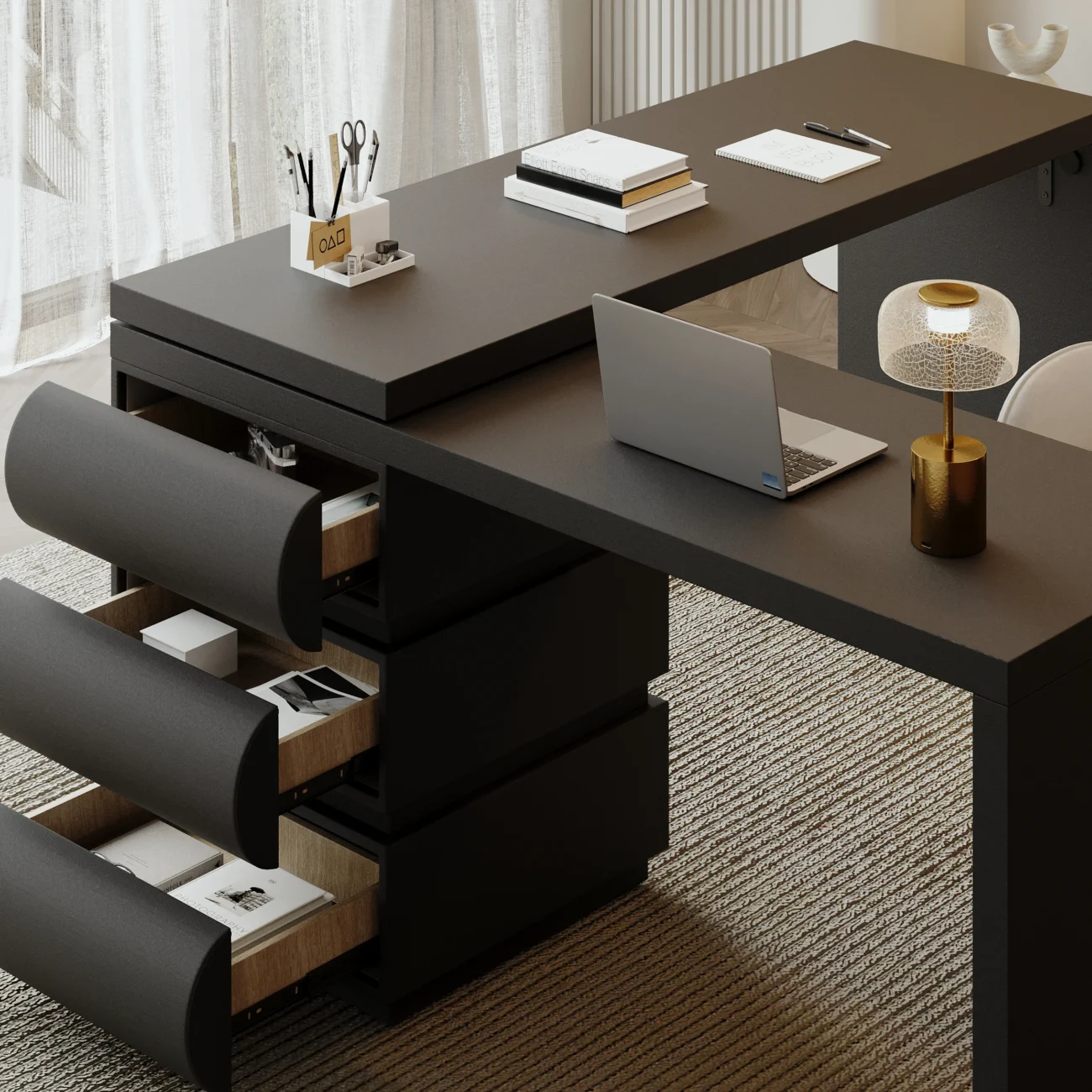 152cm modern L-shaped desk with reversible design, black PU leather drawers, and thick engineered wood tabletop for home office or executive workspace.