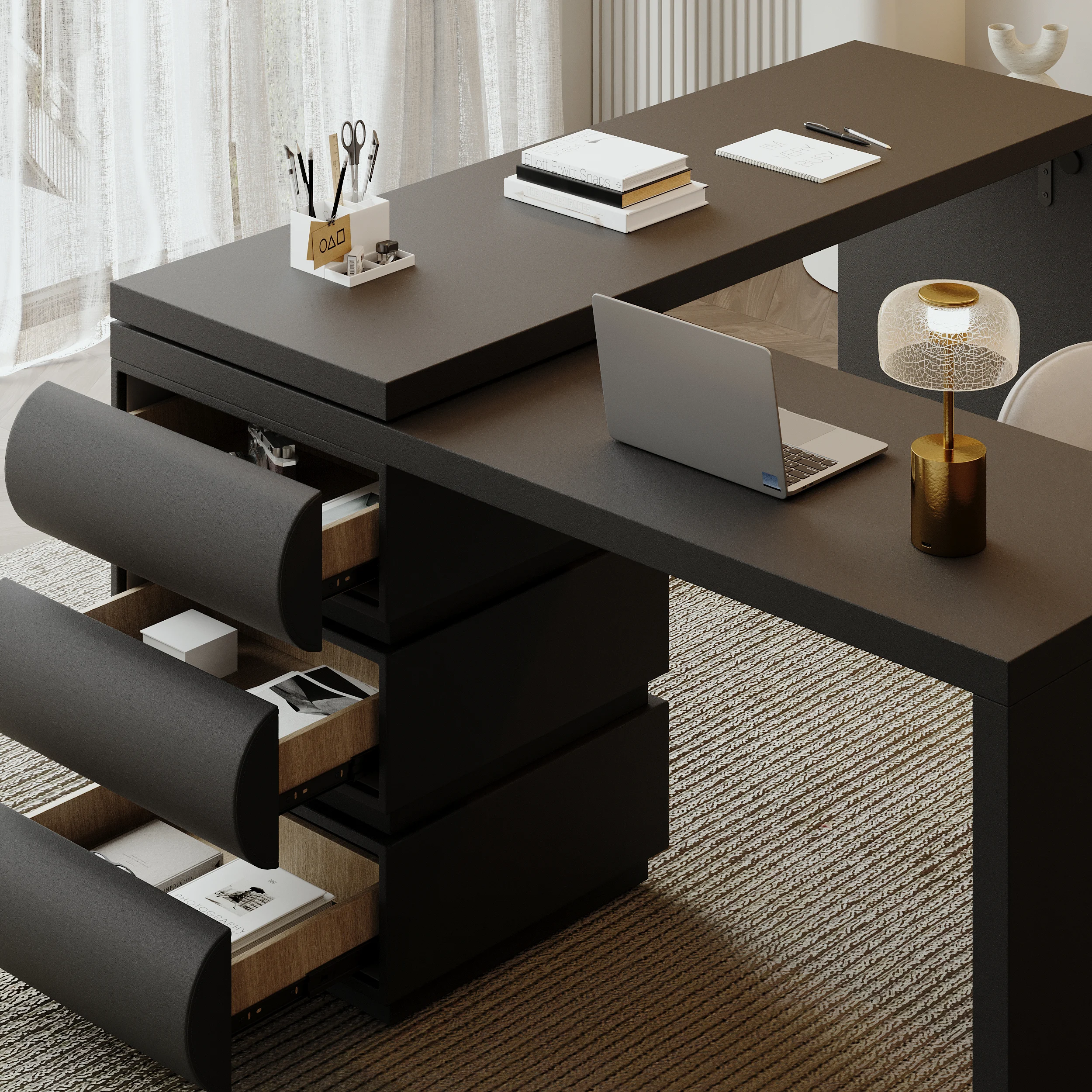 152cm modern L-shaped desk with reversible design, black PU leather drawers, and thick engineered wood tabletop for home office or executive workspace.