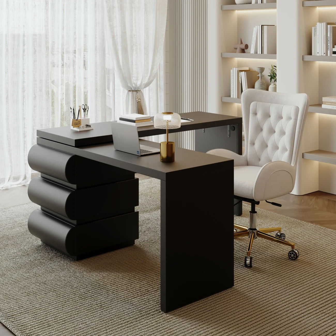 152cm modern L-shaped desk with reversible design, black PU leather drawers, and thick engineered wood tabletop for home office or executive workspace.