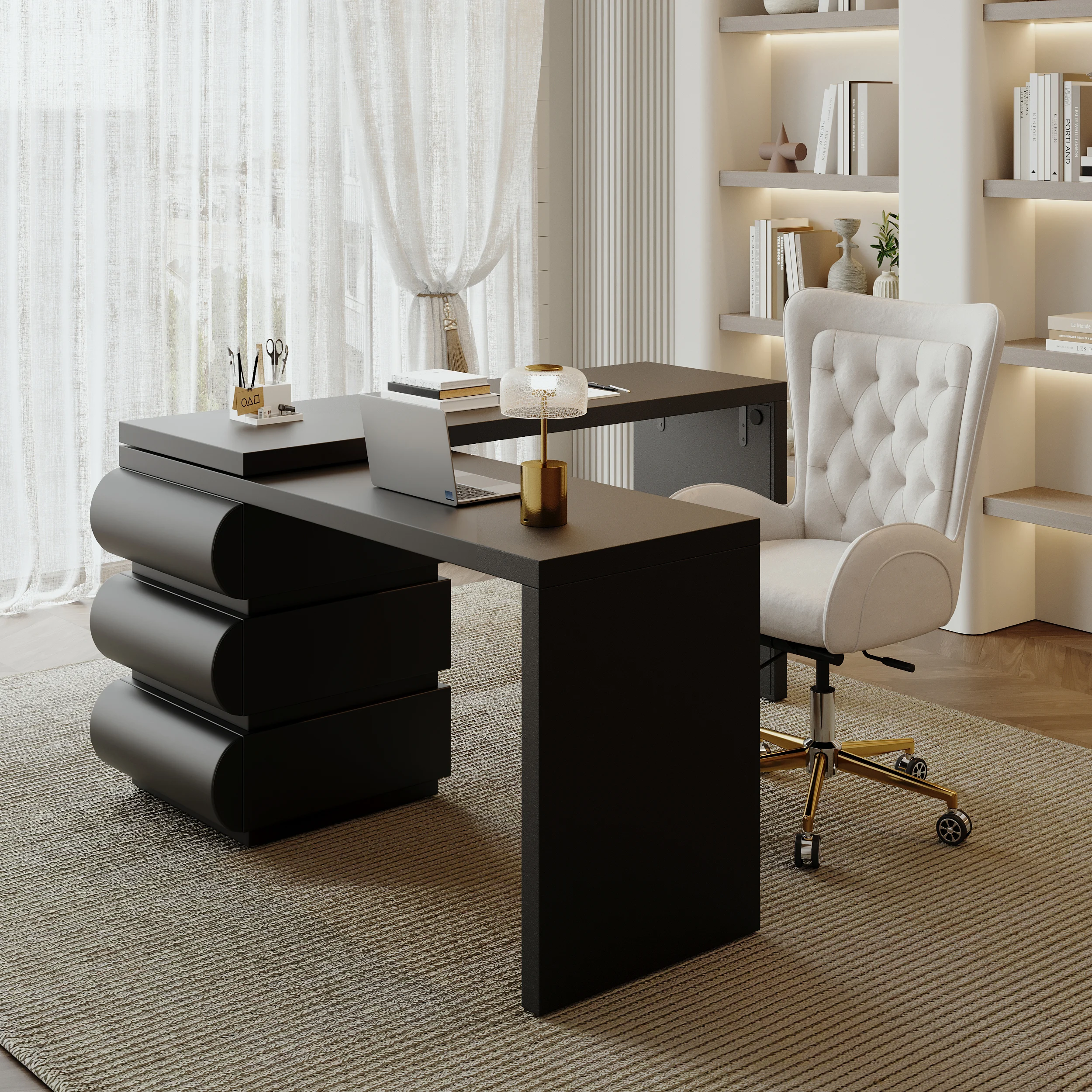 152cm modern L-shaped desk with reversible design, black PU leather drawers, and thick engineered wood tabletop for home office or executive workspace.