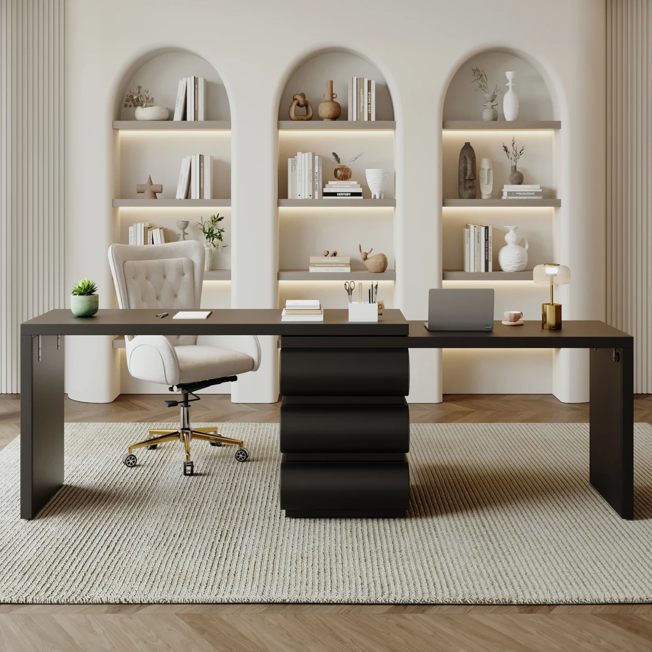 152cm modern L-shaped desk with reversible design, black PU leather drawers, and thick engineered wood tabletop for home office or executive workspace.