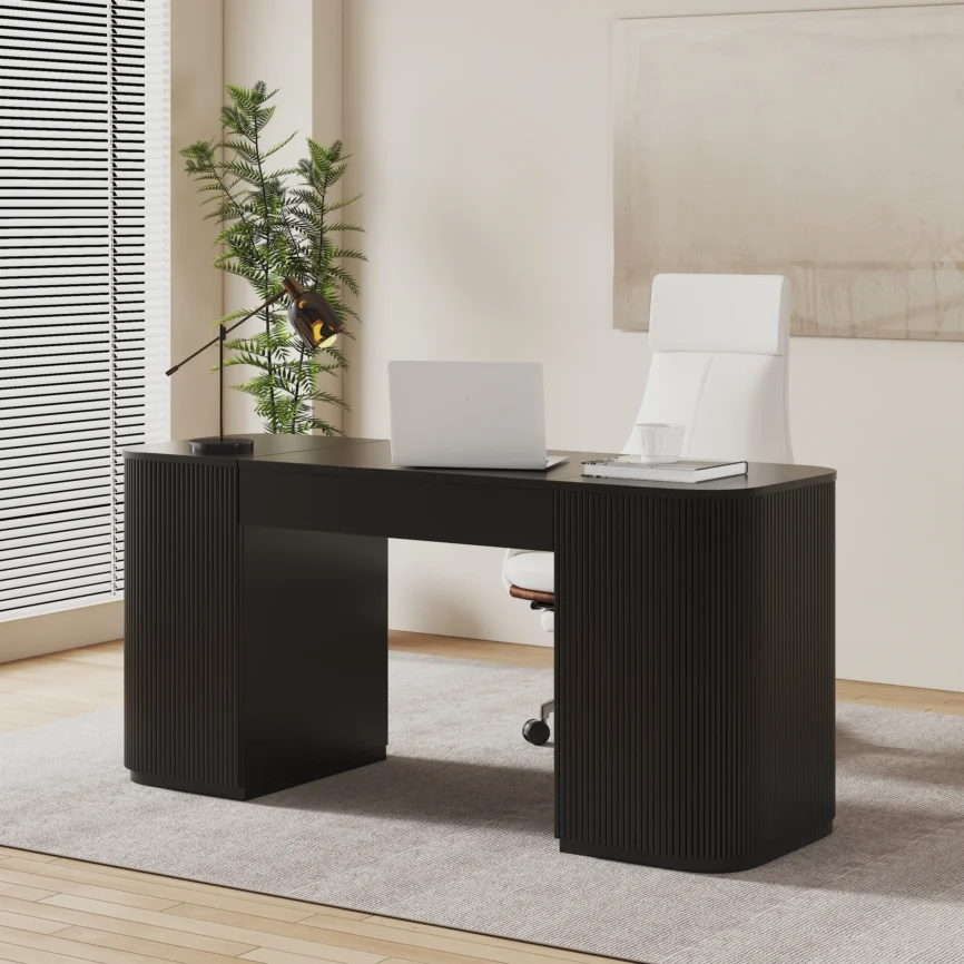 ONYX – Modern 150 cm black standing executive desk with lift-top design, fluted panels, and hidden storage. Ergonomic sit-to-stand functionality paired with sleek engineered wood construction for a stylish, organized workspace.