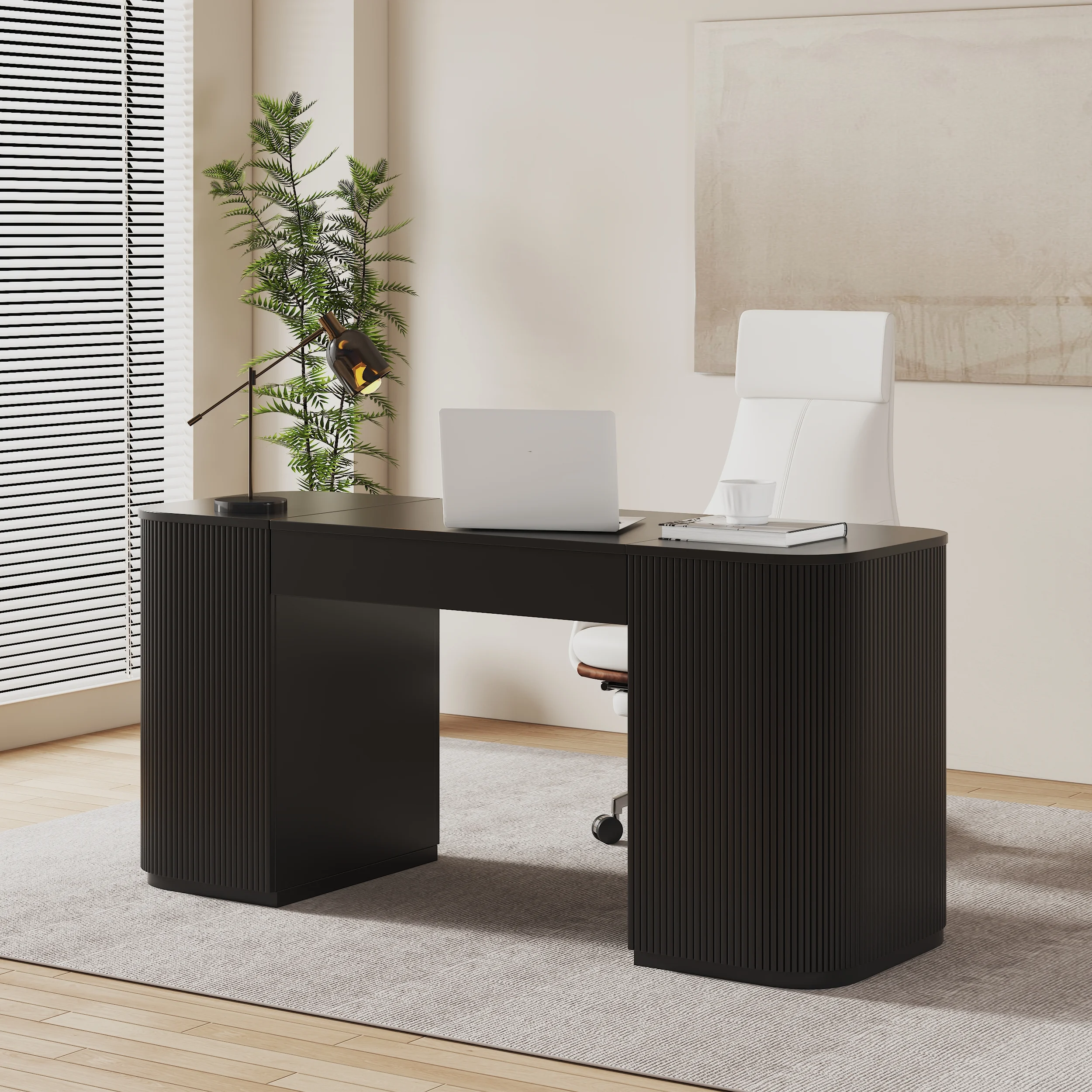 ONYX – Modern 150 cm black standing executive desk with lift-top design, fluted panels, and hidden storage. Ergonomic sit-to-stand functionality paired with sleek engineered wood construction for a stylish, organized workspace.