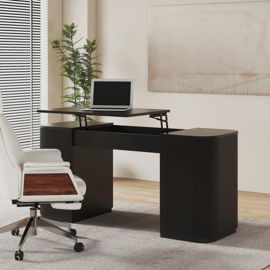 ONYX – Modern 150 cm black standing executive desk with lift-top design, fluted panels, and hidden storage. Ergonomic sit-to-stand functionality paired with sleek engineered wood construction for a stylish, organized workspace.