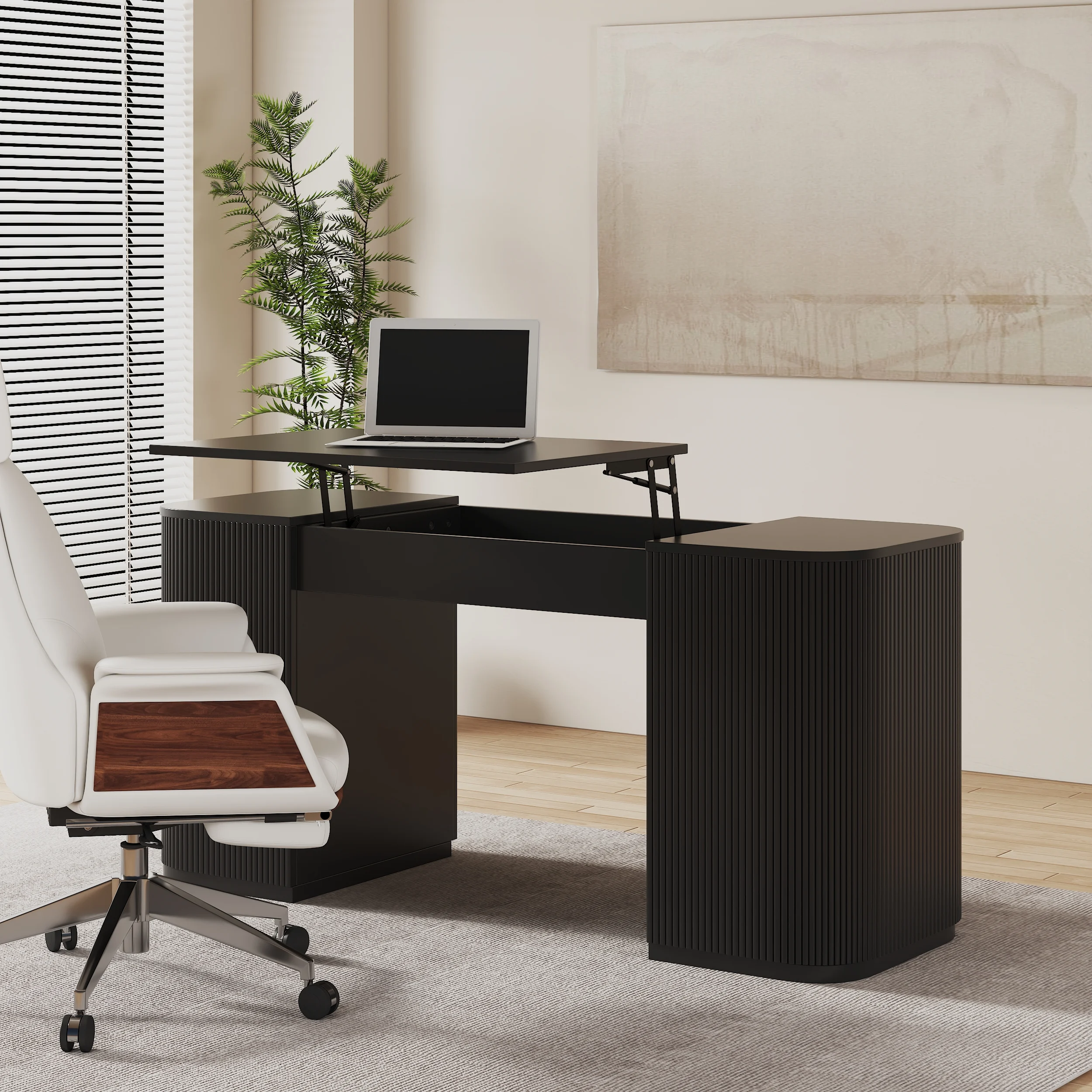 ONYX – Modern 150 cm black standing executive desk with lift-top design, fluted panels, and hidden storage. Ergonomic sit-to-stand functionality paired with sleek engineered wood construction for a stylish, organized workspace.