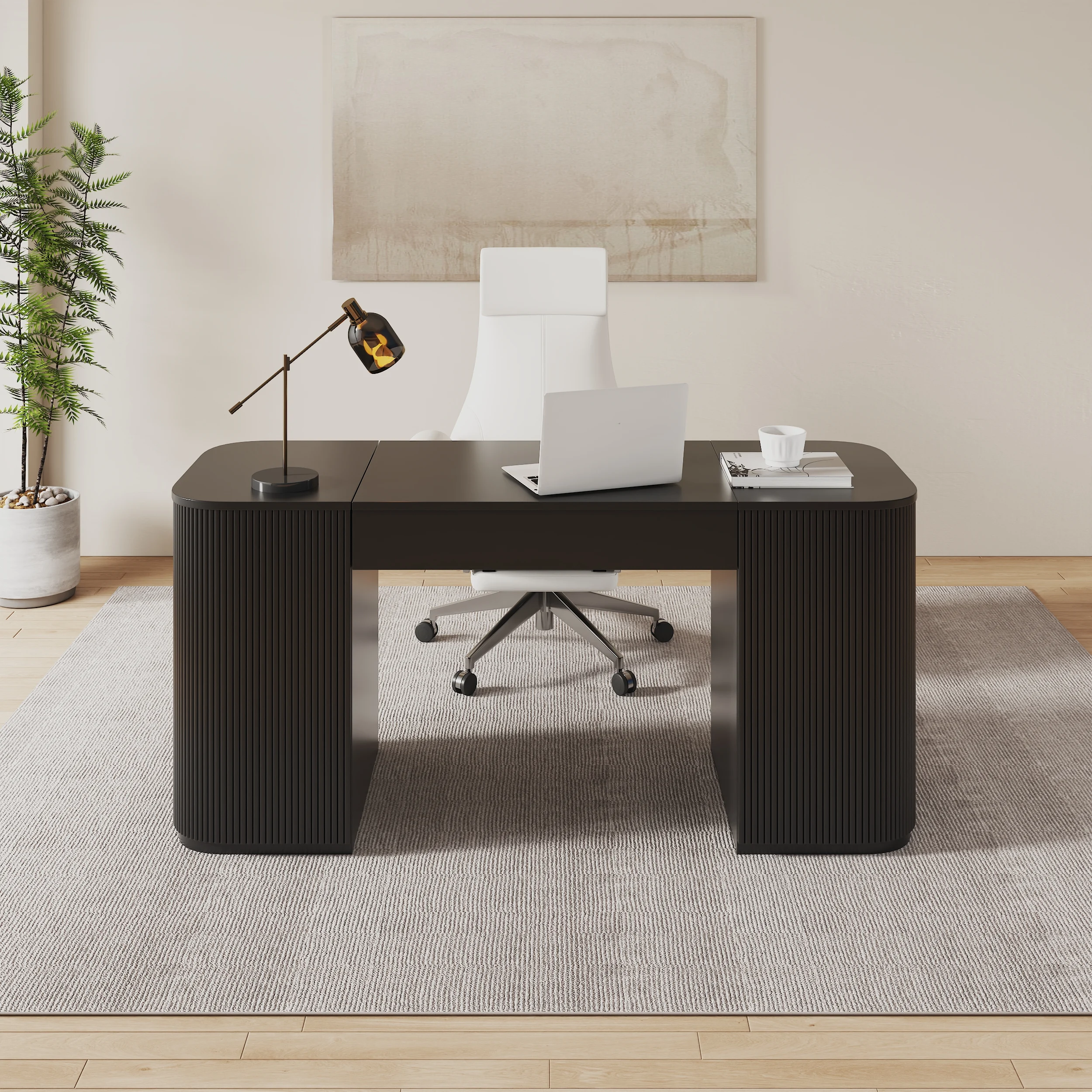 ONYX – Modern 150 cm black standing executive desk with lift-top design, fluted panels, and hidden storage. Ergonomic sit-to-stand functionality paired with sleek engineered wood construction for a stylish, organized workspace.