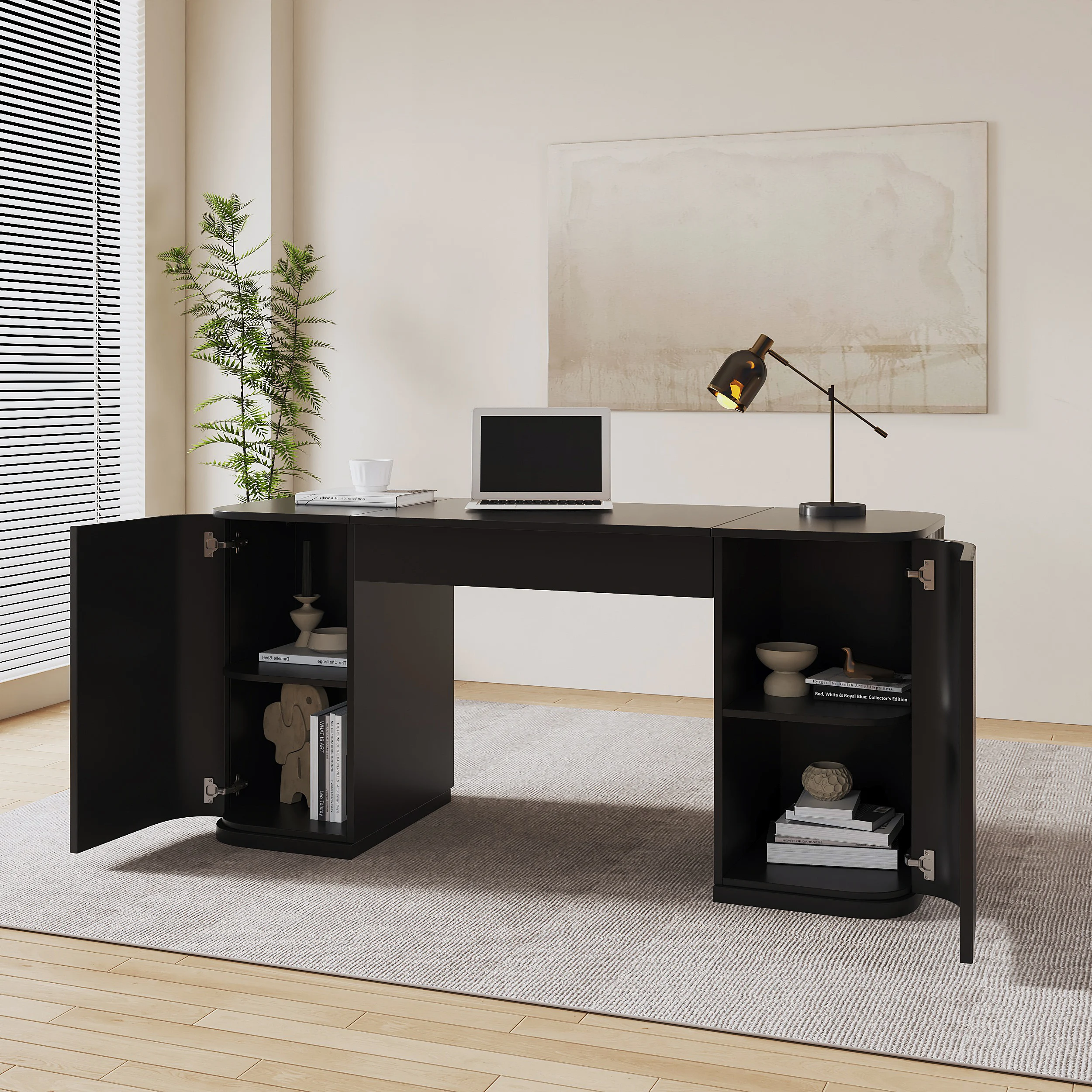ONYX – Modern 150 cm black standing executive desk with lift-top design, fluted panels, and hidden storage. Ergonomic sit-to-stand functionality paired with sleek engineered wood construction for a stylish, organized workspace.