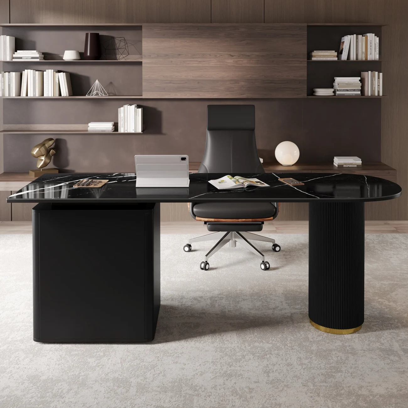Modern black writing desk with sintered stone top, fluted round column leg, and three drawers for organized office storage.