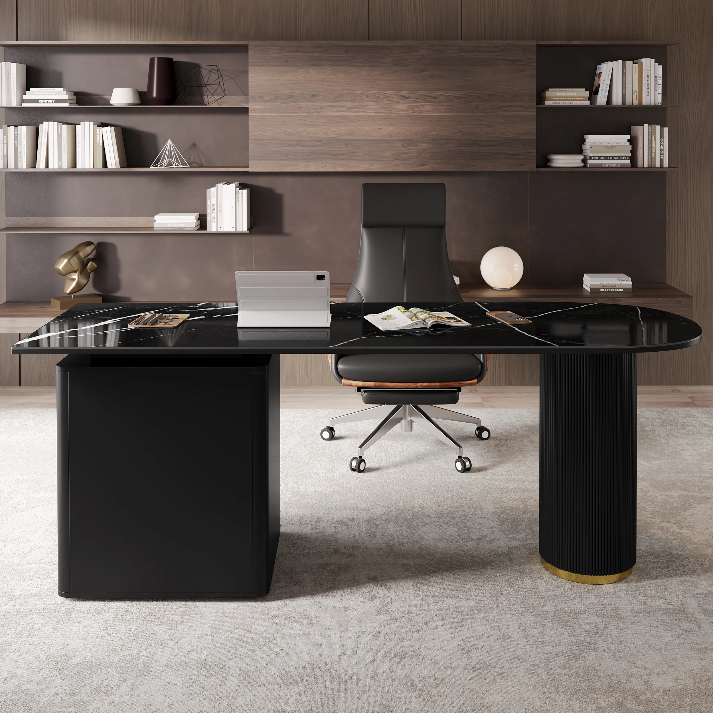 Modern black writing desk with sintered stone top, fluted round column leg, and three drawers for organized office storage.