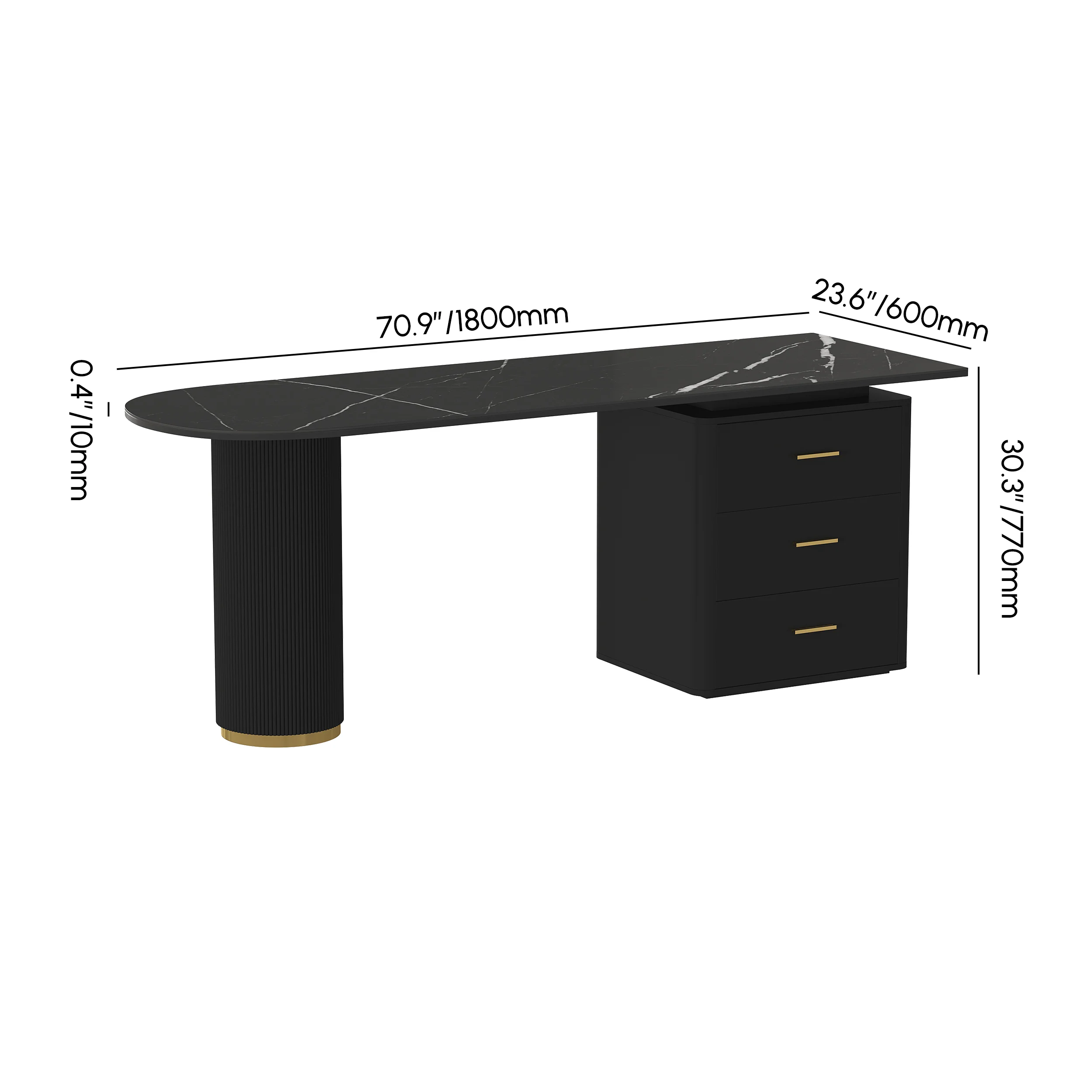 Modern black writing desk with sintered stone top, fluted round column leg, and three drawers for organized office storage.