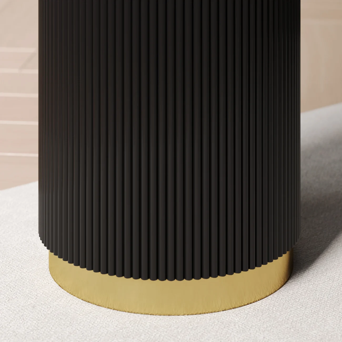 Modern black writing desk with sintered stone top, fluted round column leg, and three drawers for organized office storage.