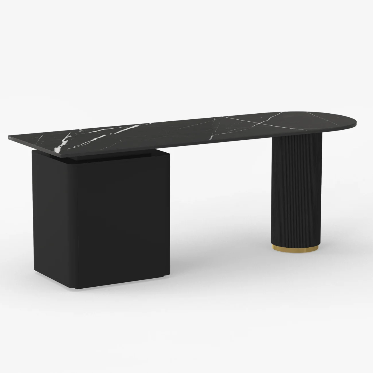 Modern black writing desk with sintered stone top, fluted round column leg, and three drawers for organized office storage.
