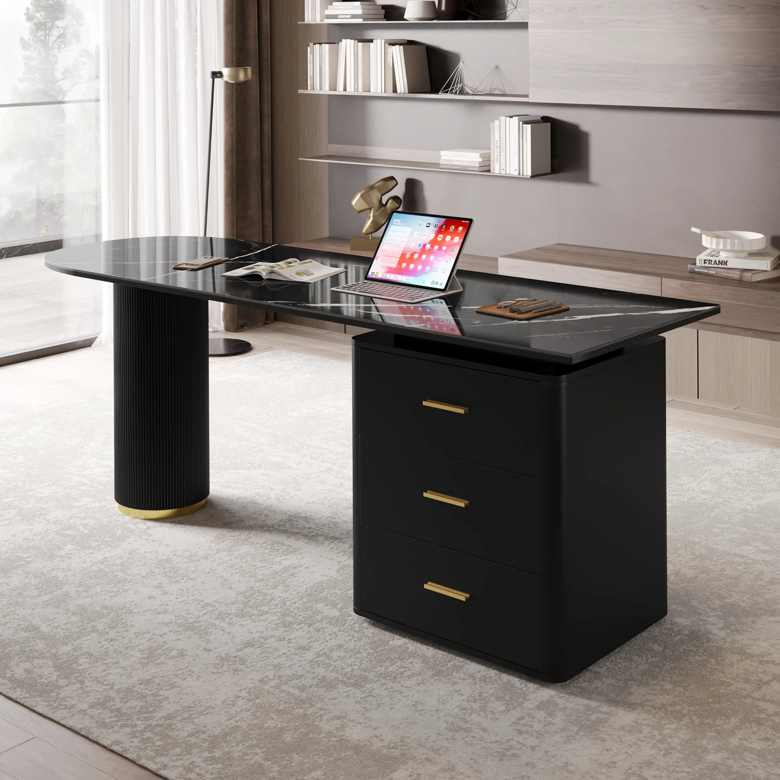 Modern black writing desk with sintered stone top, fluted round column leg, and three drawers for organized office storage.