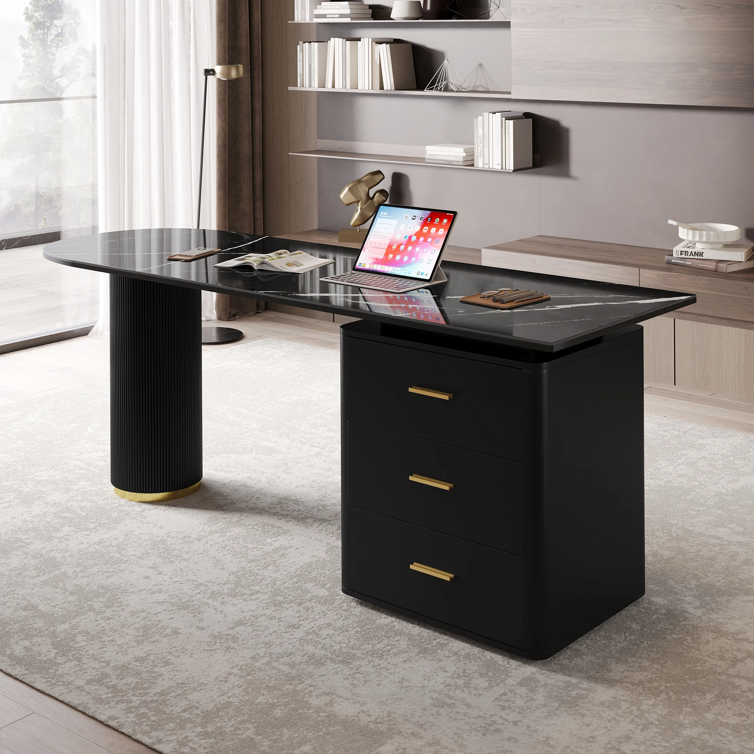 Modern black writing desk with sintered stone top, fluted round column leg, and three drawers for organized office storage.