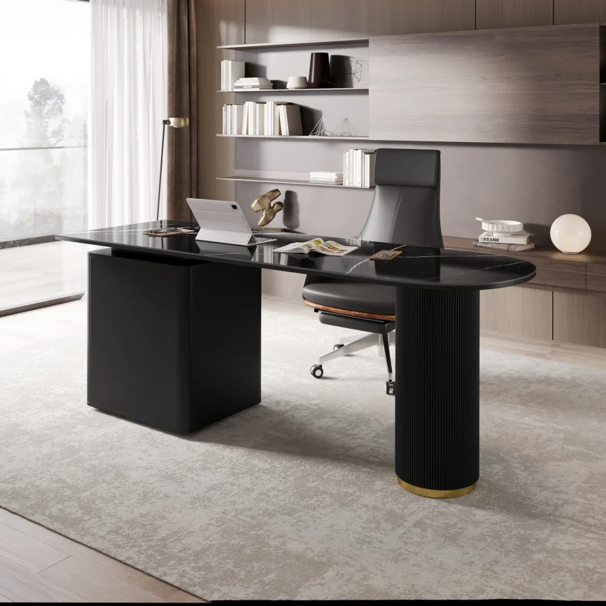 Modern black writing desk with sintered stone top, fluted round column leg, and three drawers for organized office storage.