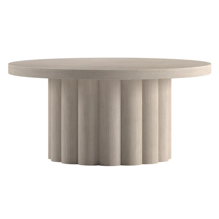 round alder white coffee table with fluted pedestal base