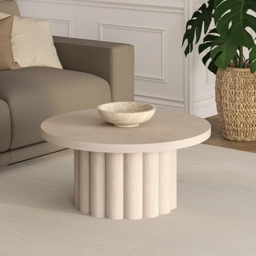 round alder white coffee table with fluted pedestal base