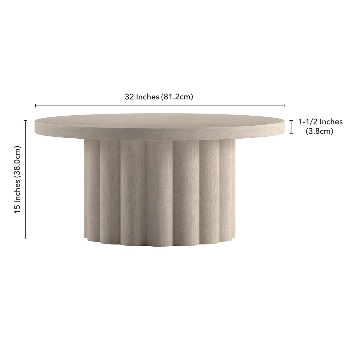 round alder white coffee table with fluted pedestal base