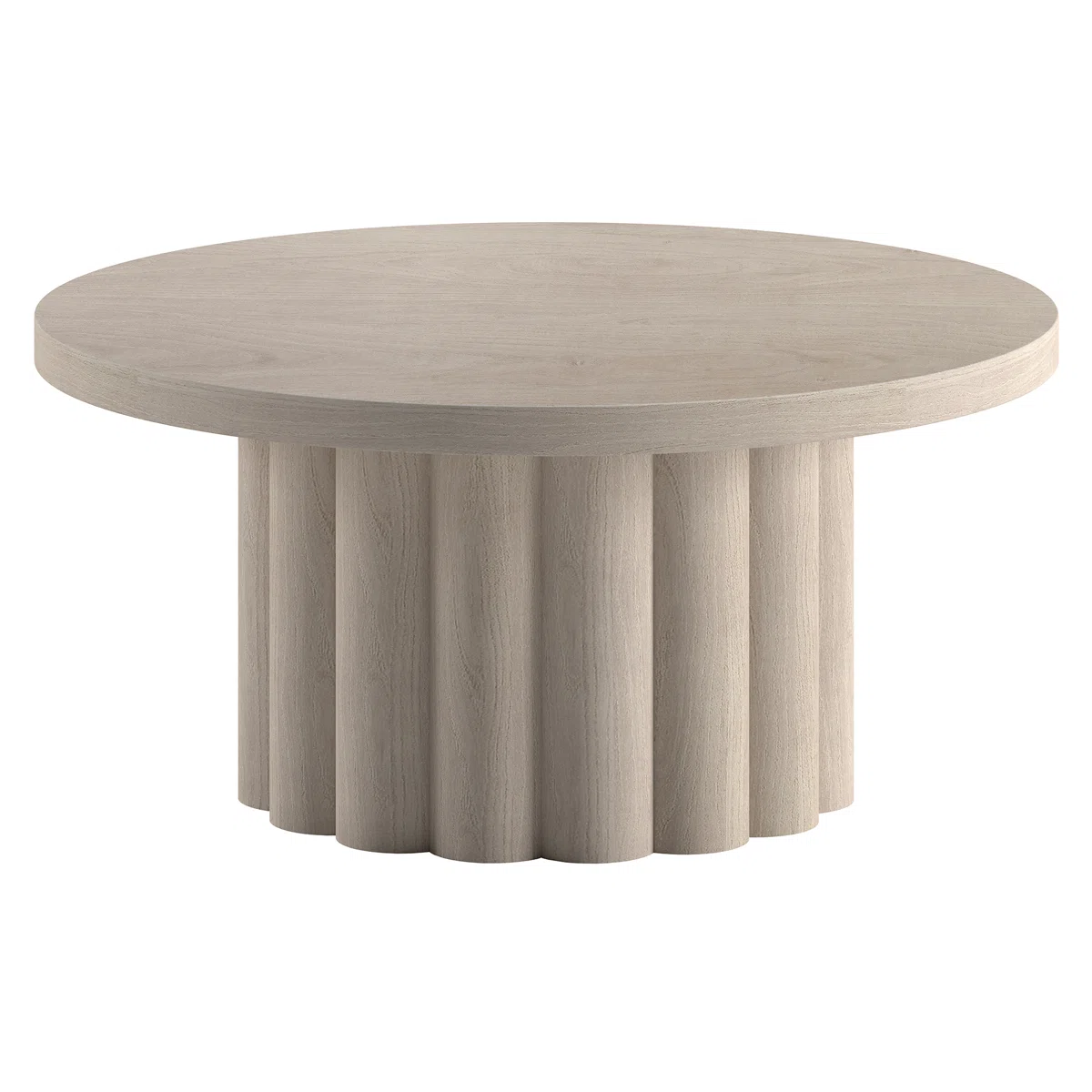 round alder white coffee table with fluted pedestal base