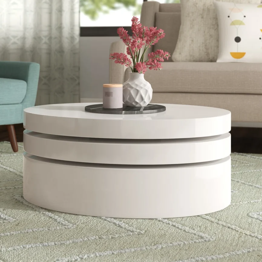 Orbit Rotating Coffee Table in white high-gloss finish, 80 cm round top with pivoting tiers and hidden storage