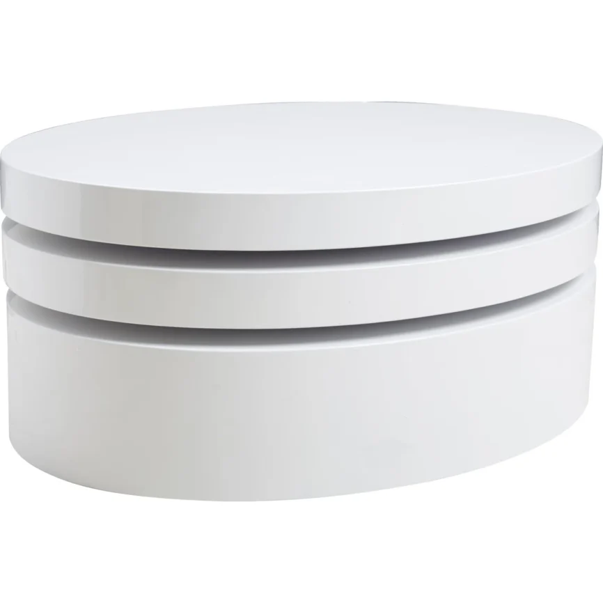 Orbit Rotating Coffee Table in white high-gloss finish, 80 cm round top with pivoting tiers and hidden storage