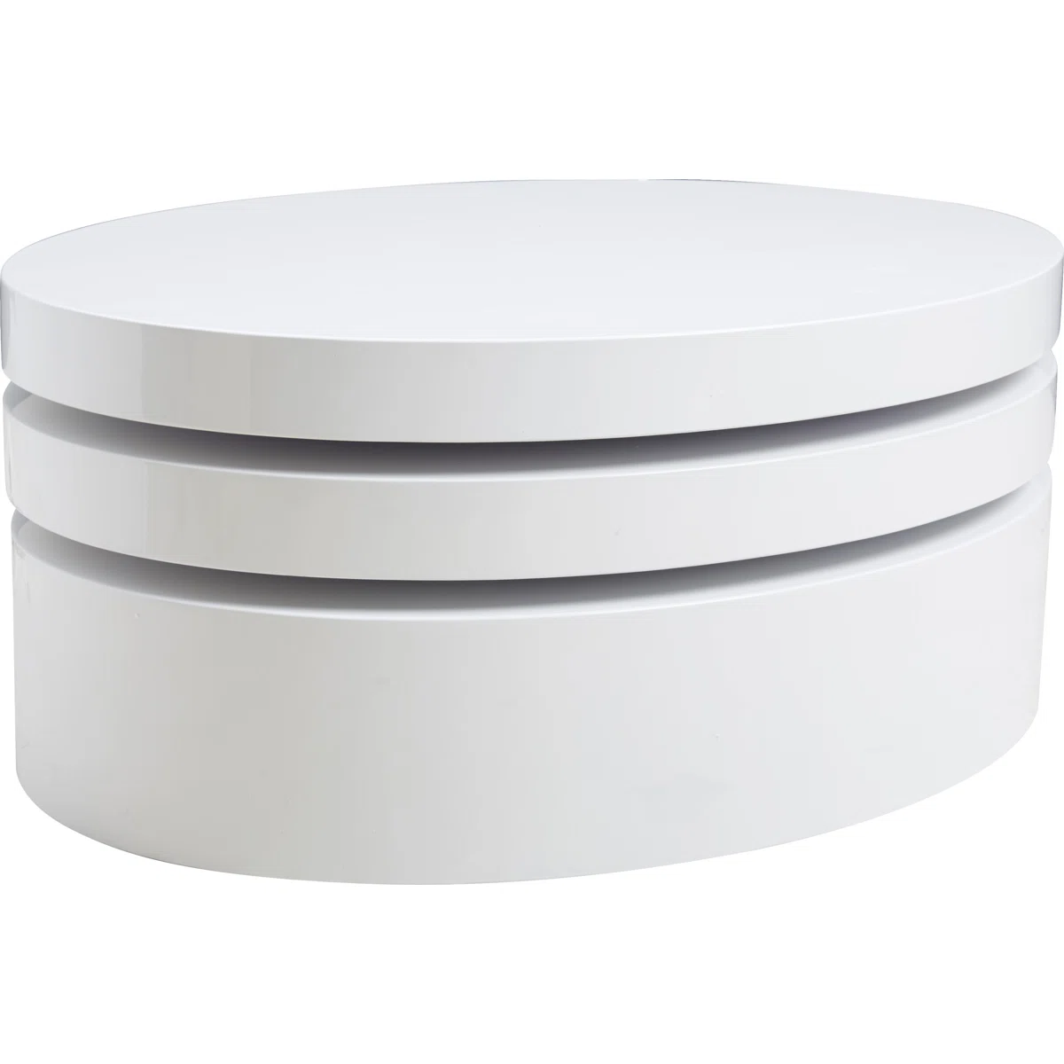Orbit Rotating Coffee Table in white high-gloss finish, 80 cm round top with pivoting tiers and hidden storage