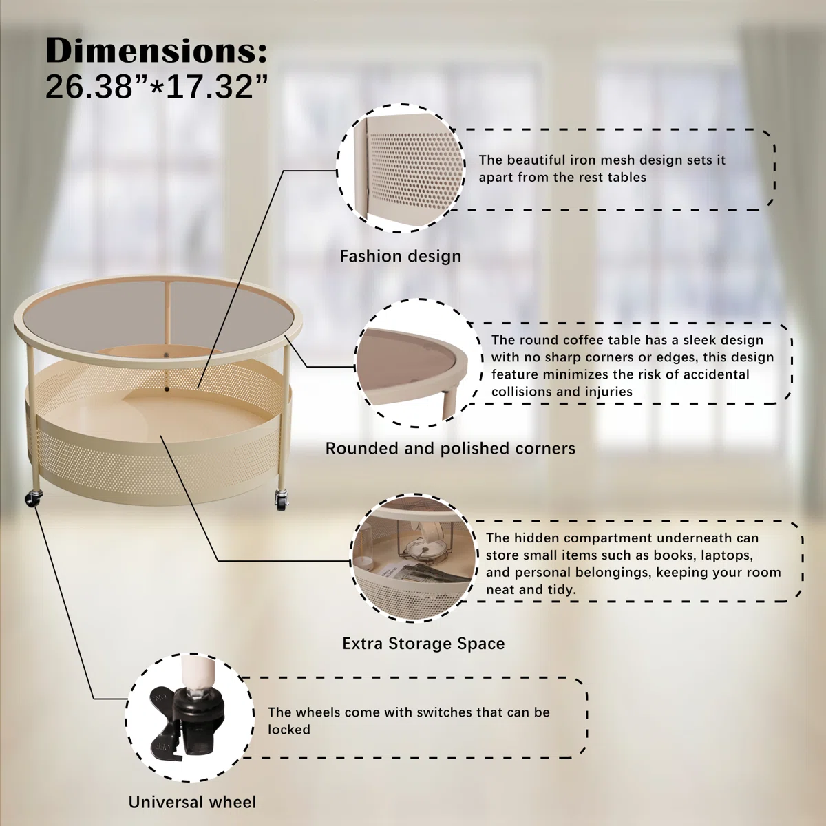 Round glass coffee table with hidden storage, black powder-coated iron frame, rolling casters, 67 cm diameter."