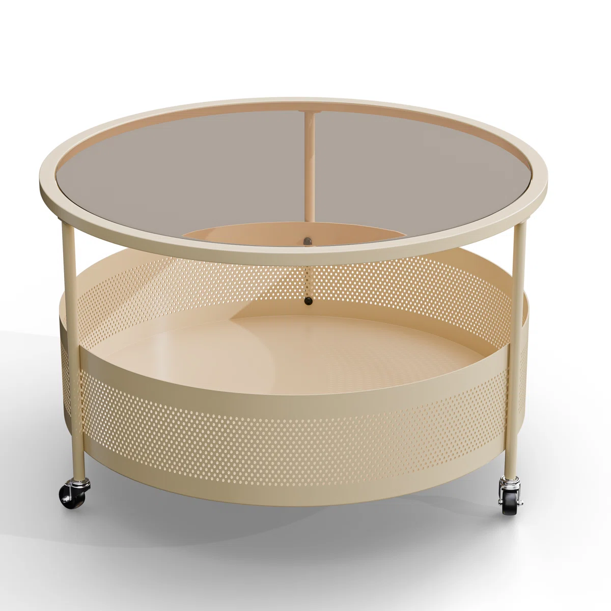 Round glass coffee table with hidden storage, black powder-coated iron frame, rolling casters, 67 cm diameter."