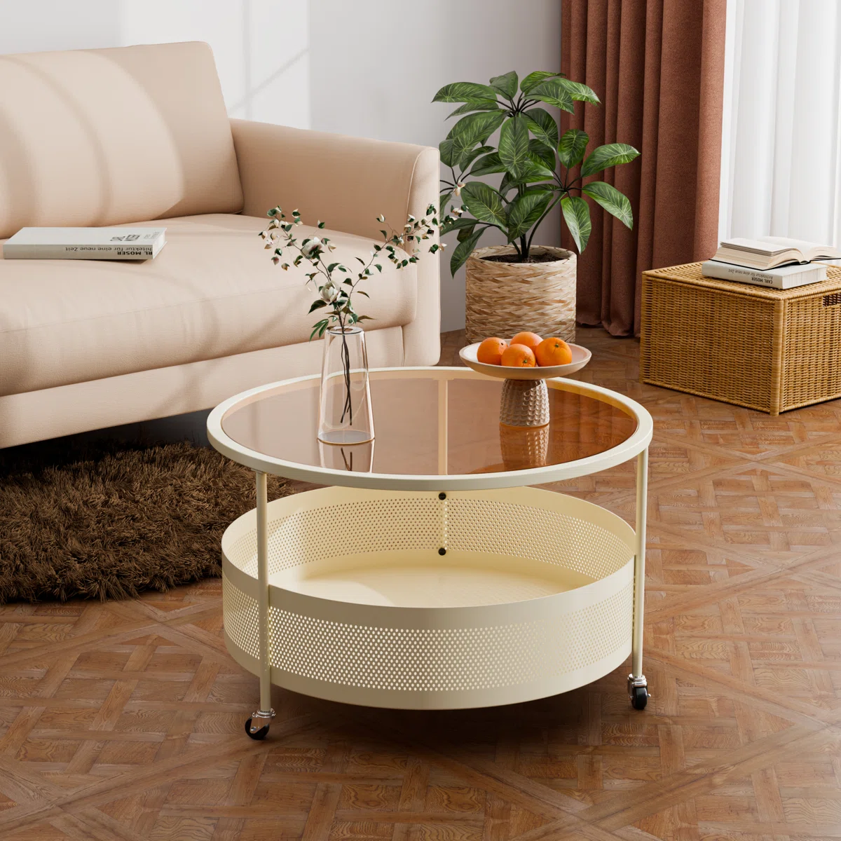 Round glass coffee table with hidden storage, black powder-coated iron frame, rolling casters, 67 cm diameter."