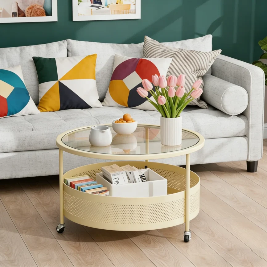 Round glass coffee table with hidden storage, black powder-coated iron frame, rolling casters, 67 cm diameter."