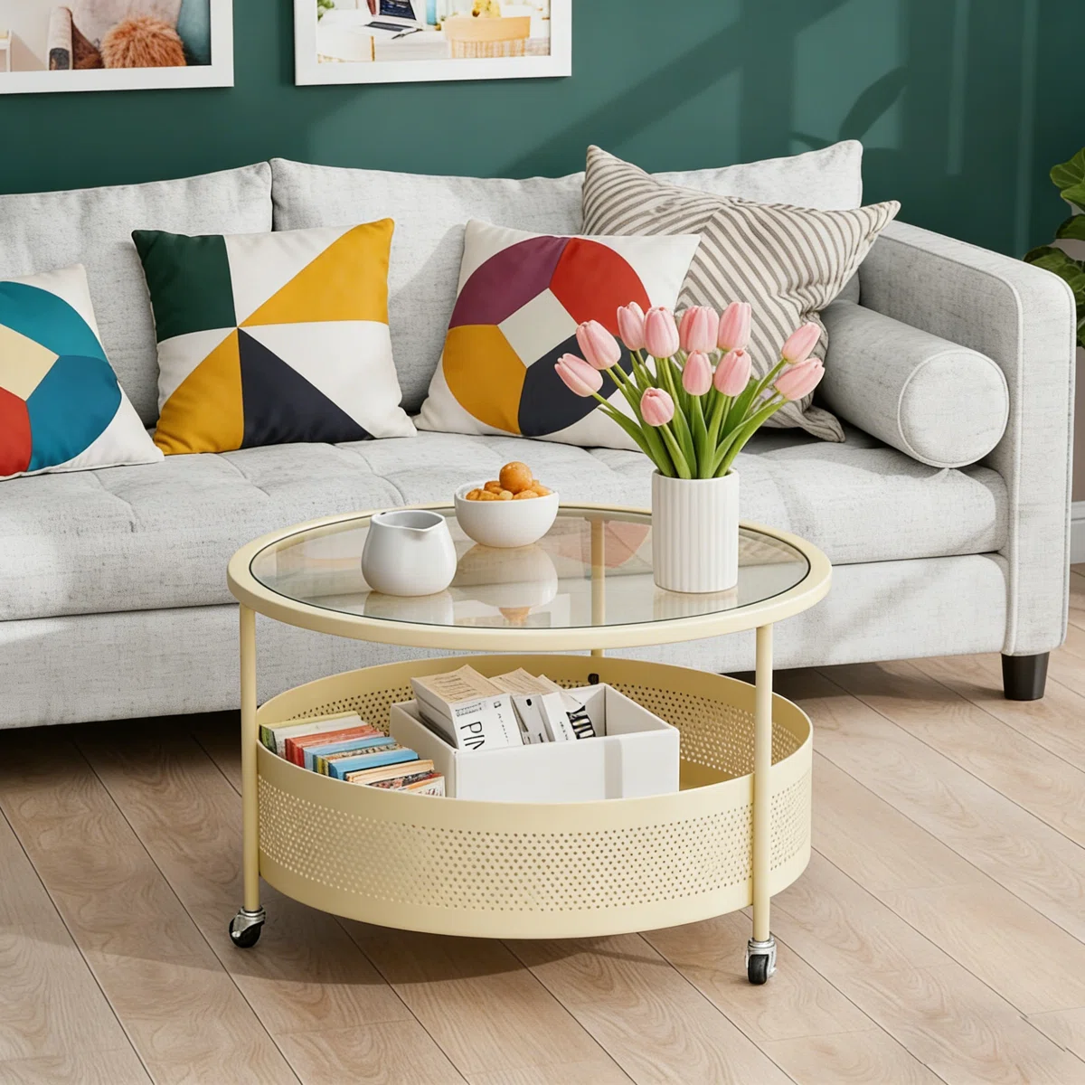 Round glass coffee table with hidden storage, black powder-coated iron frame, rolling casters, 67 cm diameter."