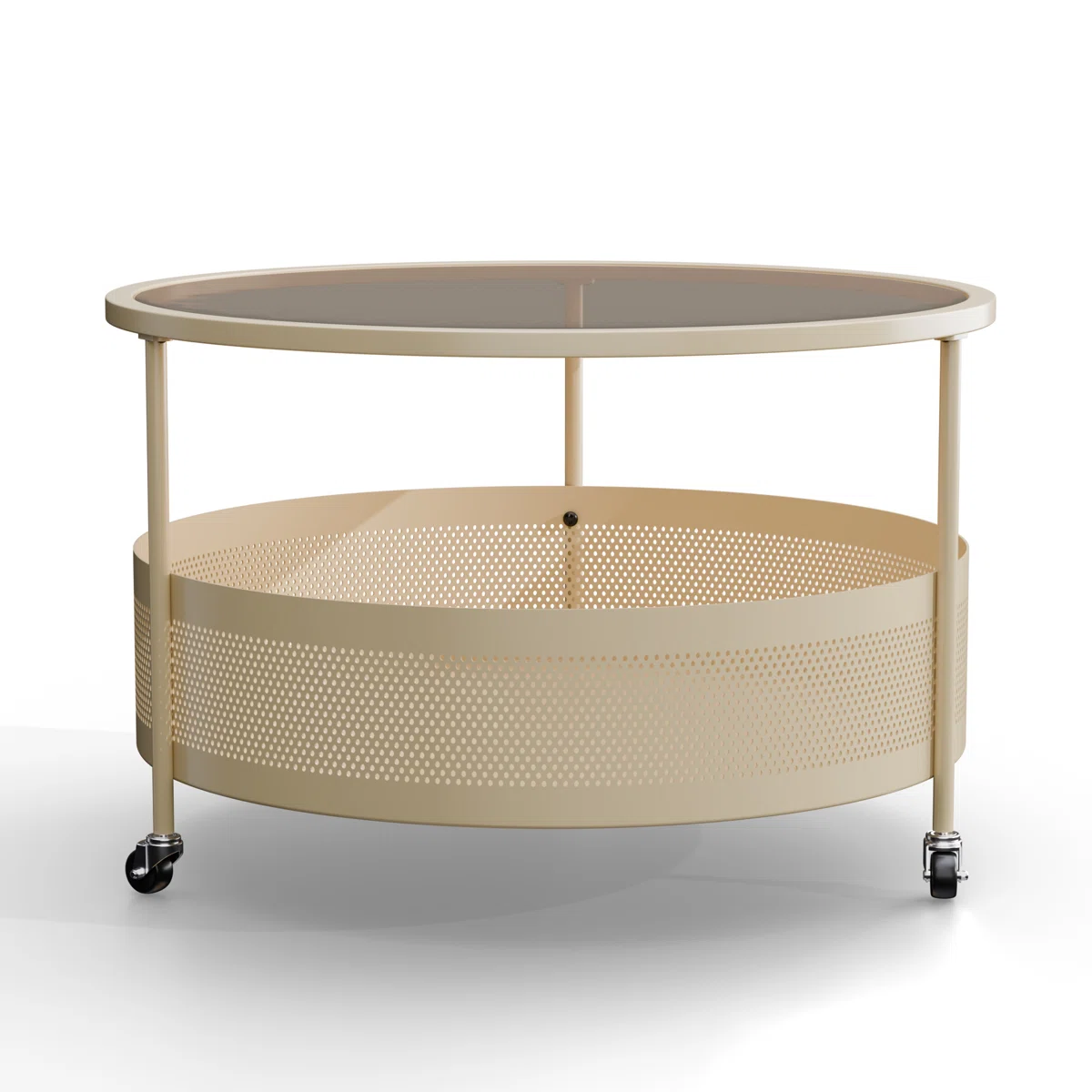 Round glass coffee table with hidden storage, black powder-coated iron frame, rolling casters, 67 cm diameter."