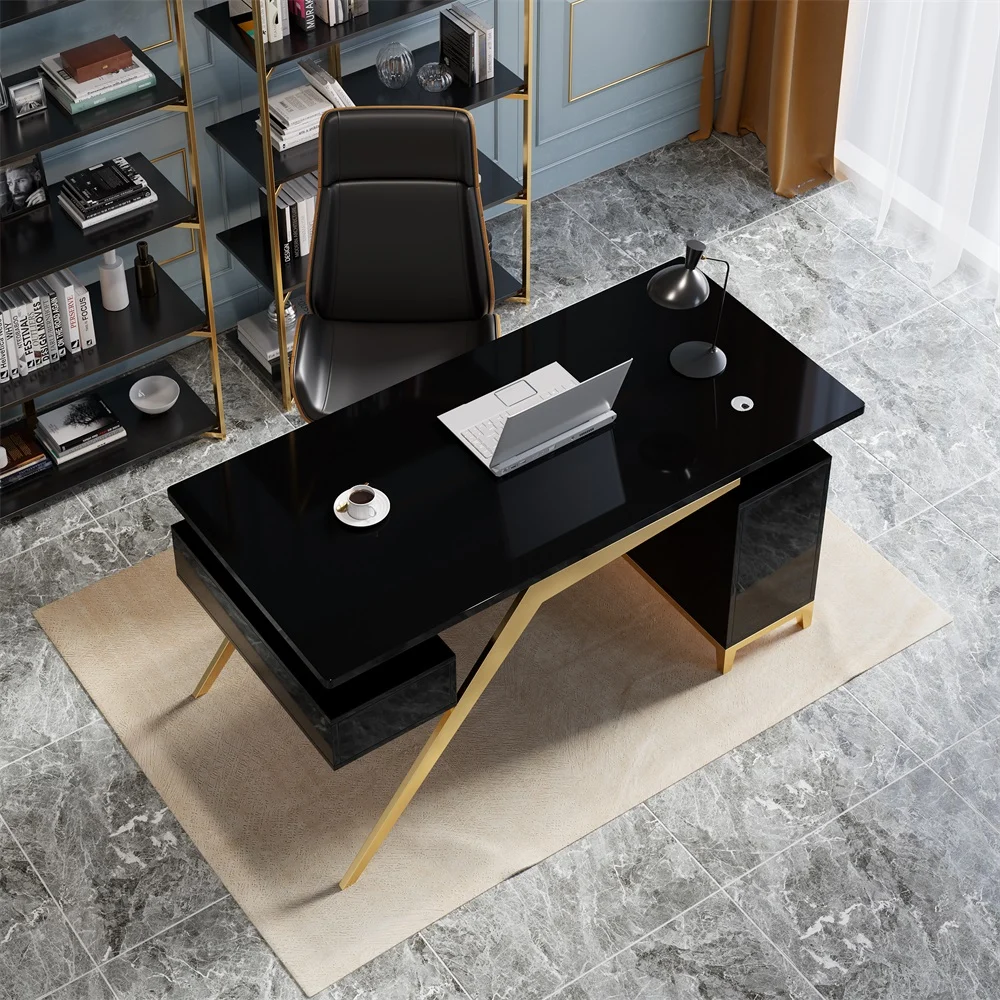 Modern 140 cm black and gold executive writing desk with titanium gold stainless steel legs, high-gloss engineered wood surface, and built-in file cabinet with drawer and door