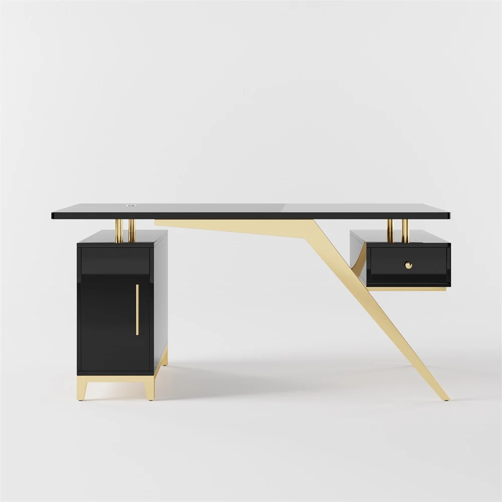 Modern 140 cm black and gold executive writing desk with titanium gold stainless steel legs, high-gloss engineered wood surface, and built-in file cabinet with drawer and door