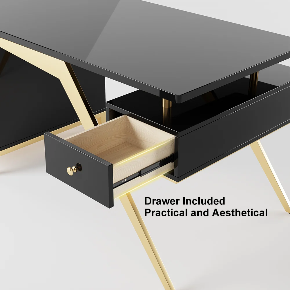 Modern 140 cm black and gold executive writing desk with titanium gold stainless steel legs, high-gloss engineered wood surface, and built-in file cabinet with drawer and door