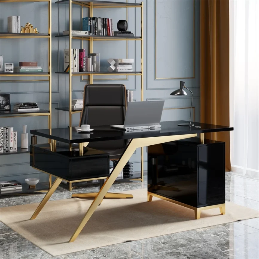 Modern 140 cm black and gold executive writing desk with titanium gold stainless steel legs, high-gloss engineered wood surface, and built-in file cabinet with drawer and door