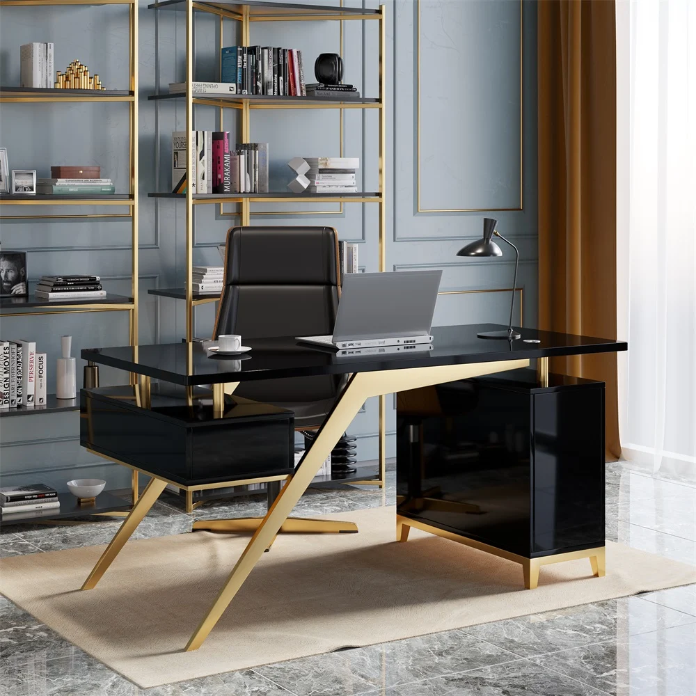 Modern 140 cm black and gold executive writing desk with titanium gold stainless steel legs, high-gloss engineered wood surface, and built-in file cabinet with drawer and door