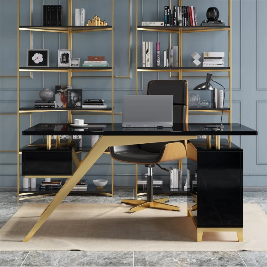 Modern 140 cm black and gold executive writing desk with titanium gold stainless steel legs, high-gloss engineered wood surface, and built-in file cabinet with drawer and door