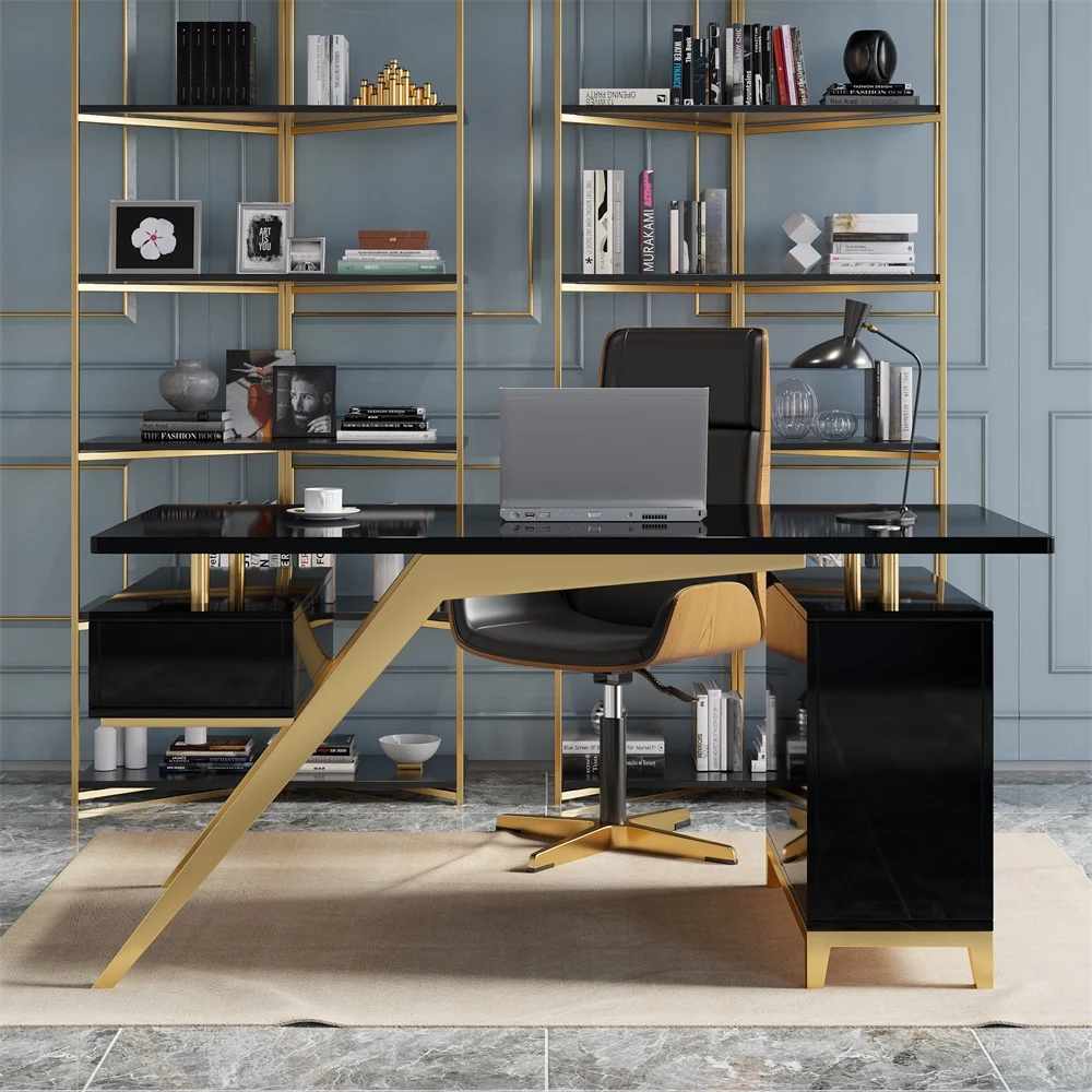 Modern 140 cm black and gold executive writing desk with titanium gold stainless steel legs, high-gloss engineered wood surface, and built-in file cabinet with drawer and door